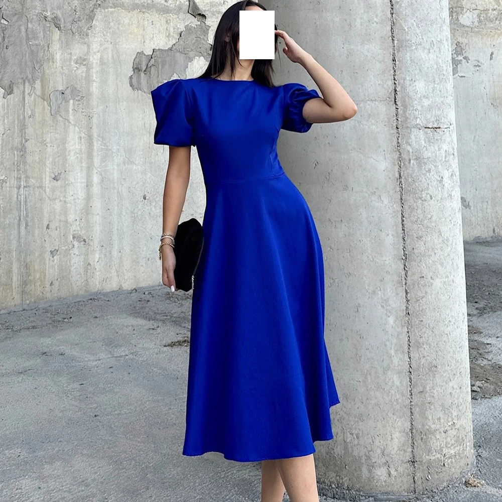 

Elegant Party Dresses Woman Straight Boat Neck Jersey Short Sleeves Tea Length Solid Blue Dresses For Formal Occasions Classic