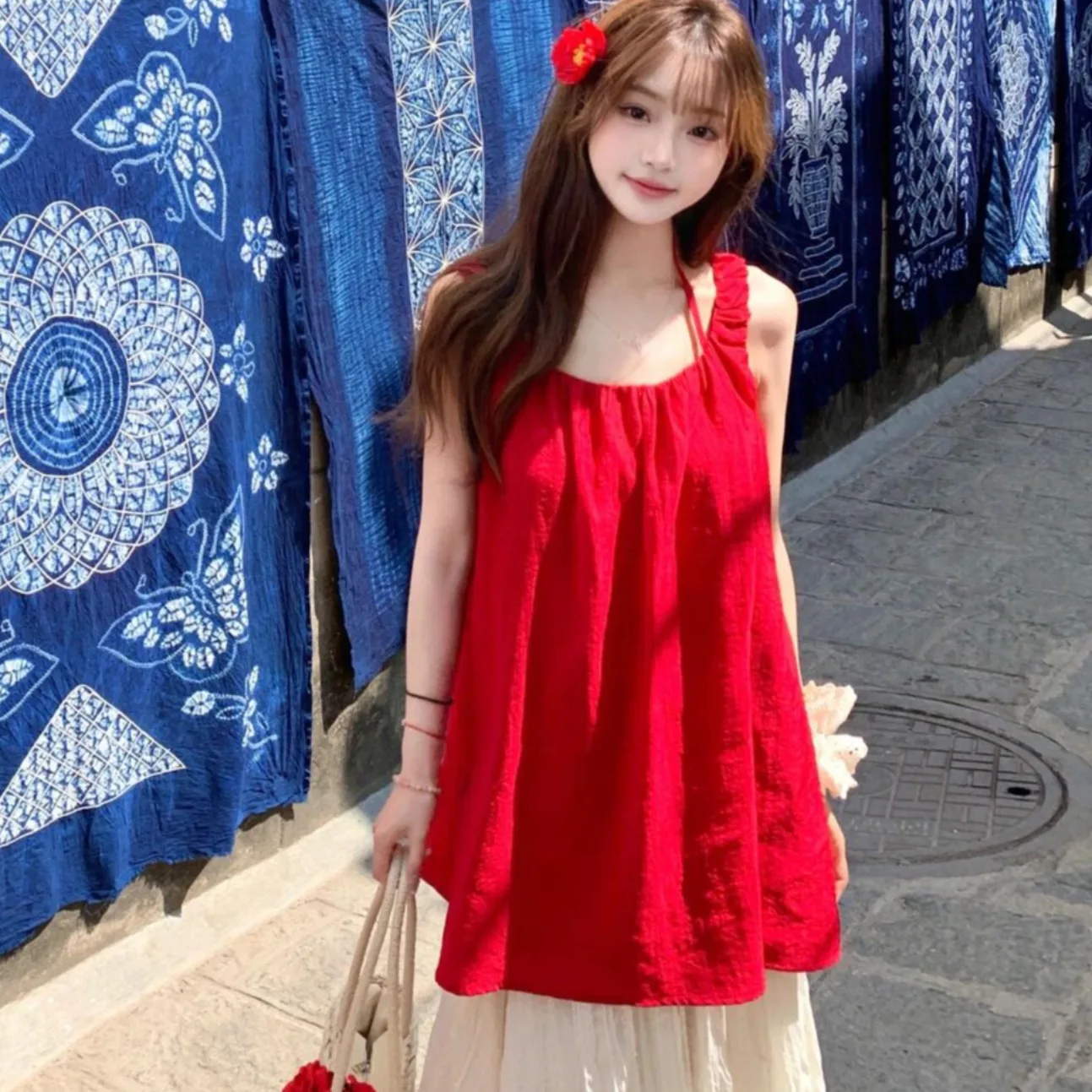 Zomer nieuwe damesvest riem losse super afslankende witte hangende ne pop rok irt top borstverkleining comfortabele pasvorm