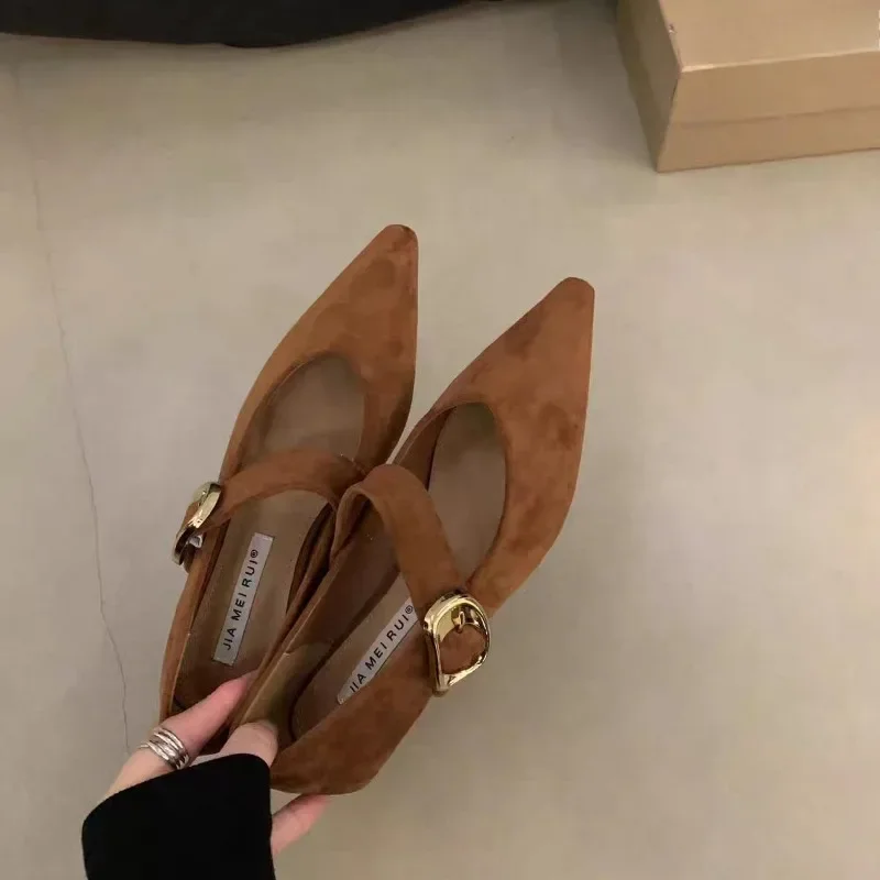 Mary Jane shoes sexy pointedtoe office single shoes one-string button closure type Fall vintage lowheeled metaldecorated women's