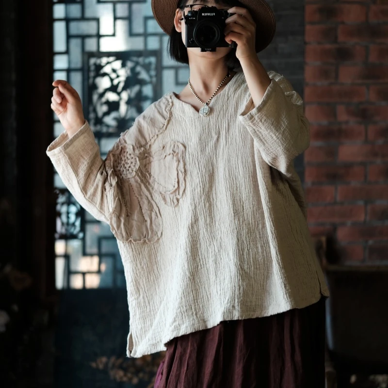 

Oversized Women Long Sleeve Cotton Linen T-shirt New 2025 Spring Vintage Style Appliques Loose Female Casual Tops Tees M377