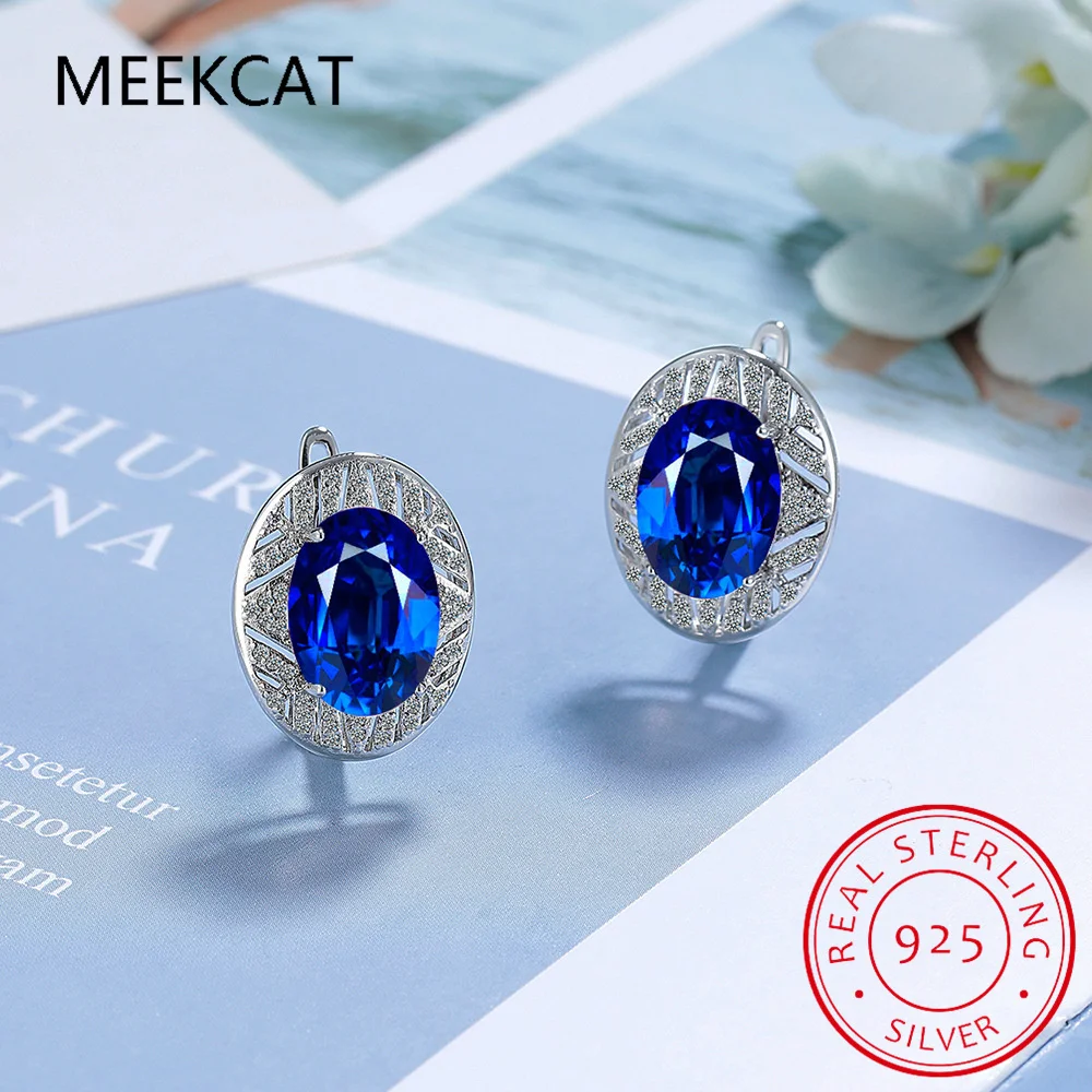 Oval Cut Created Genuine Blue Sapphire 925 Sterling Silver Hoop Earrings for Women Fashion Statement Gemstone Jewelry Huggies