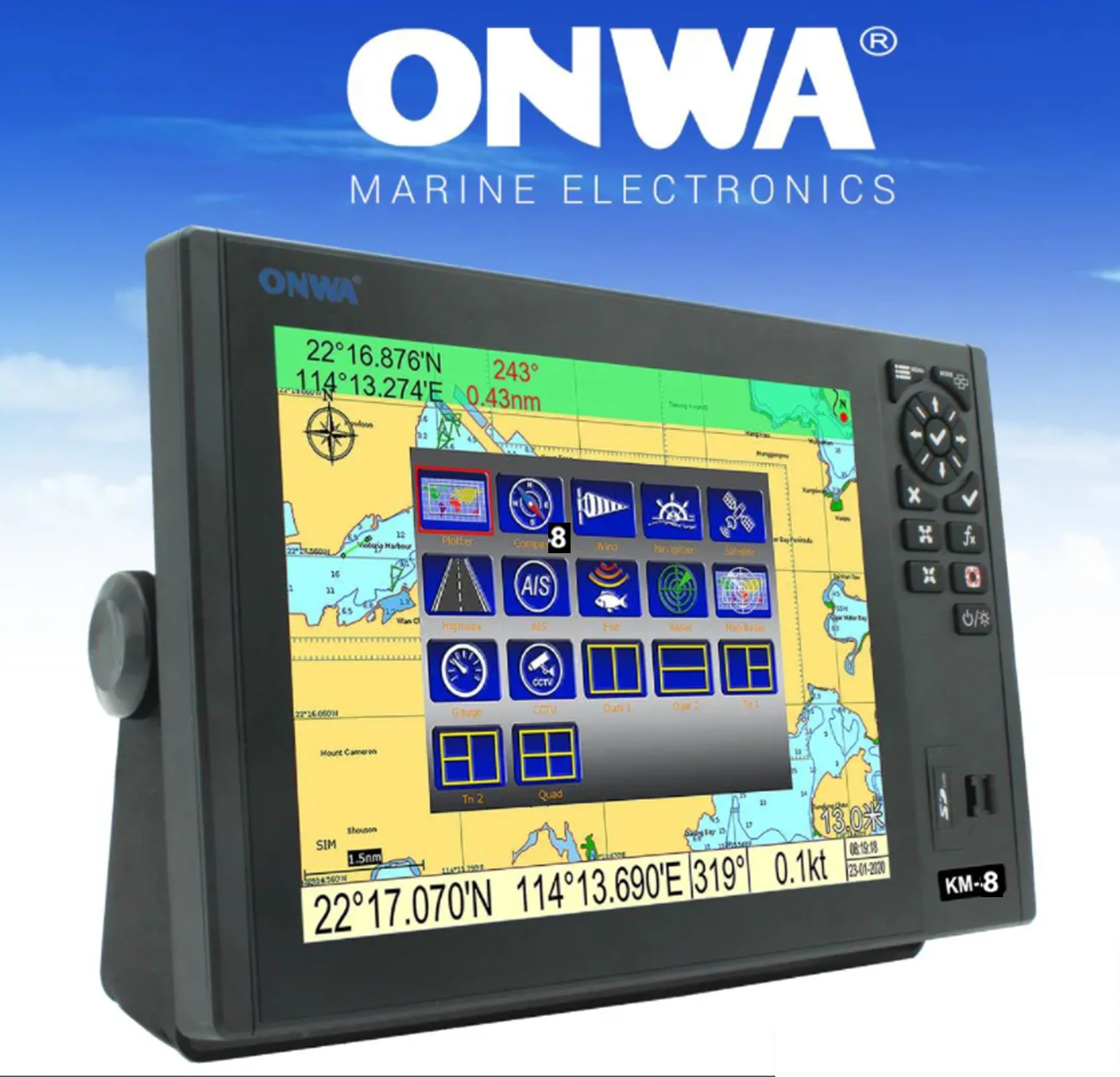 AIS Transponder ONWA KM-8X 5IN1 8-inch Marine Marine GPS Chart Plotter + Class B AIS + Fish Finder +marine Radar Function