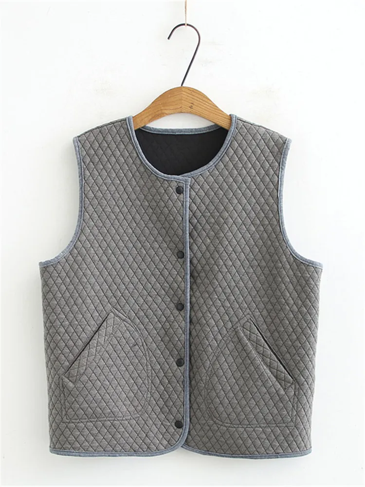 Plus Size Women's Clothing Vest Thickened And Un-Pinned Fine Checkered Quilted Cardigan Large Size Sleeveless Jacket With Pocket