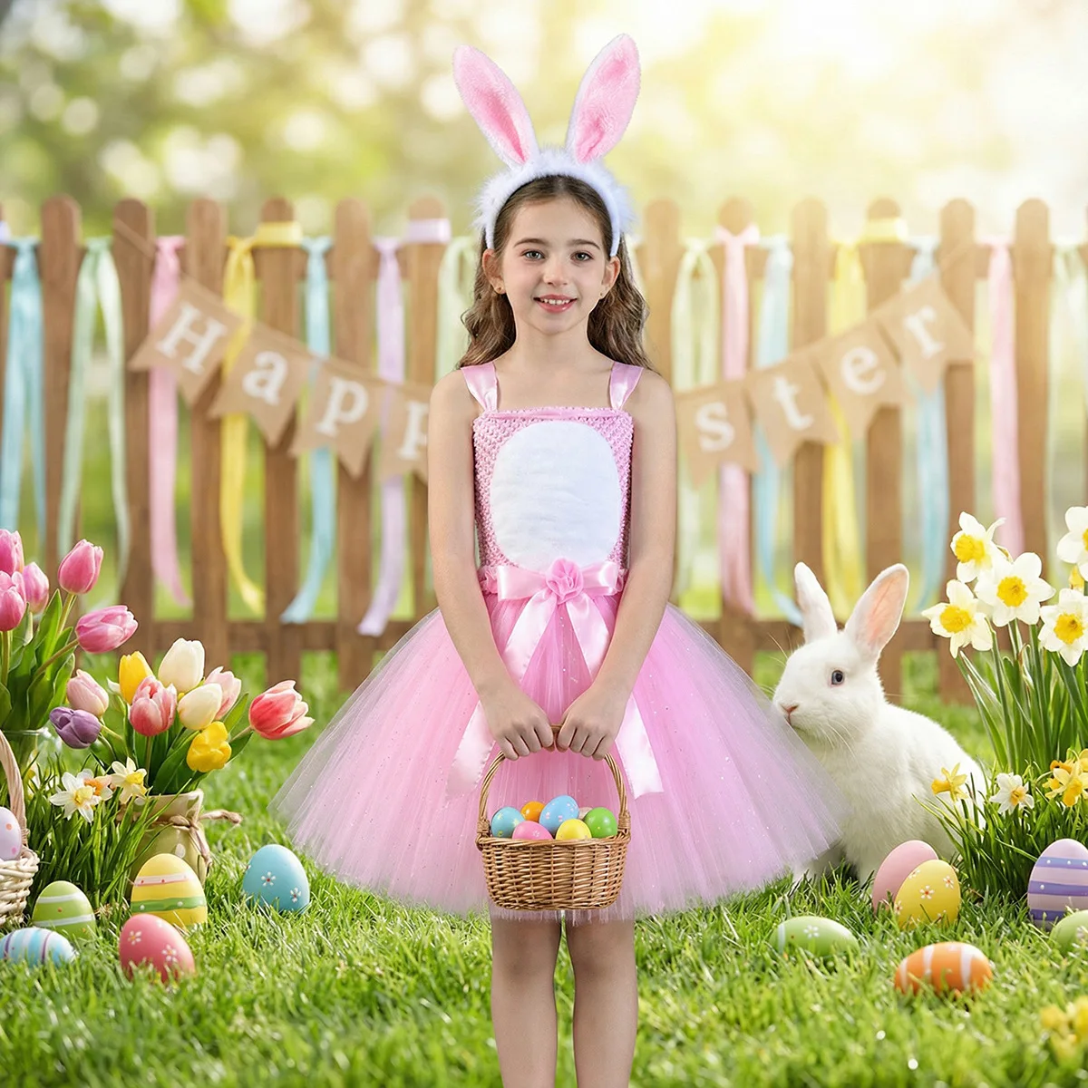 Pink Bunny Princess Dress Girls Children's Sequin Tulle Puffy Skirt Holiday Performance Costume Birthday Dress Puffy Skirt Set