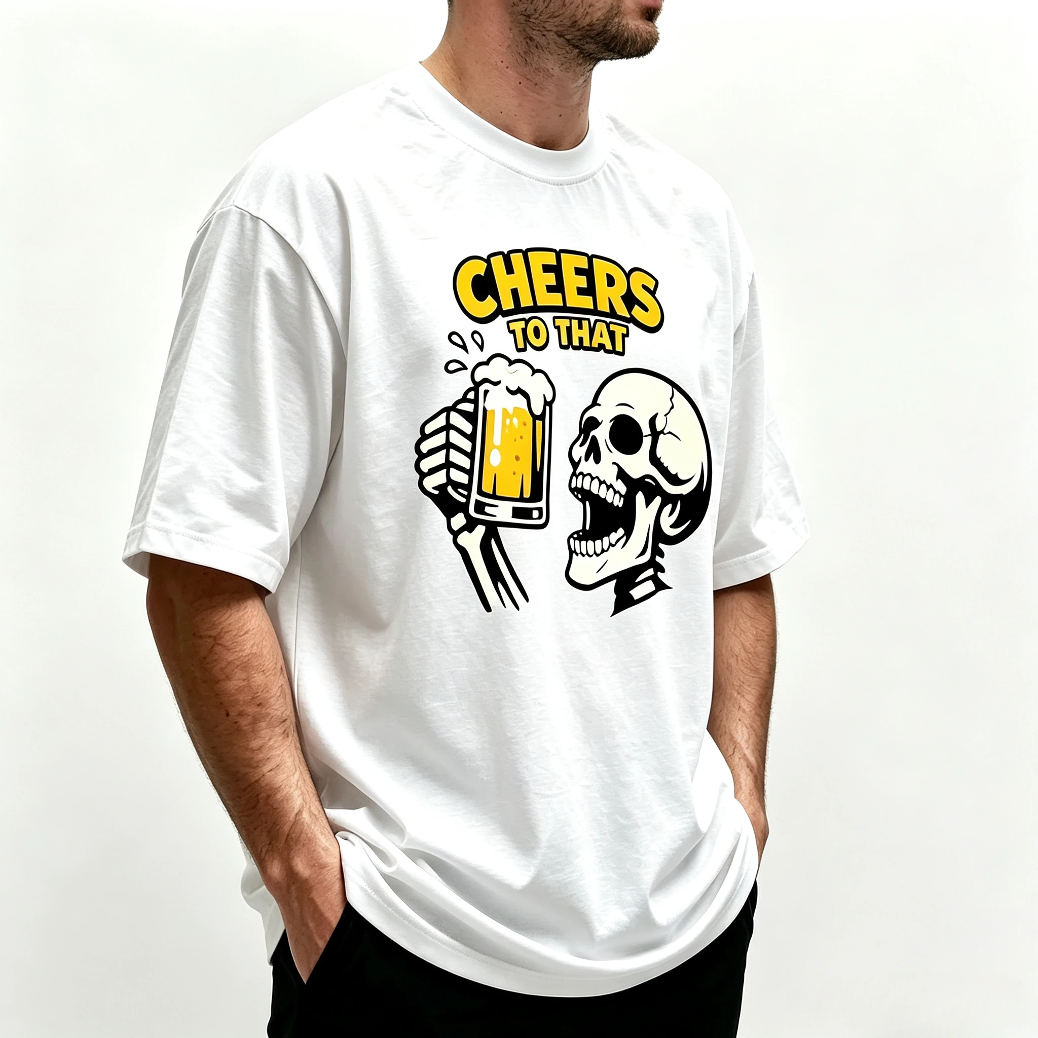 Male Casual Crew Neck Tee, Modal Lightweight Material, Cheers To That Skeleton Beer Mug Letter Graphic Print Men Street T‑Shirt