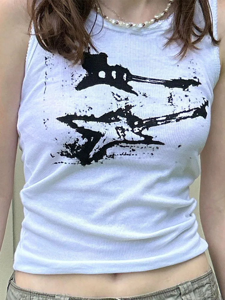 Guitar Print Sleeveless Tank Top Y2K Casual Ribbed Women Grunge