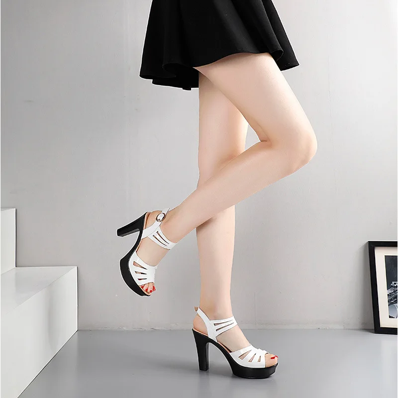 Narrow Band Summer High Heels Sandals Women Soft Leather Peep Toe Shoes Platform Woman Hollow Sandals Fashion Party Ladies Shoe