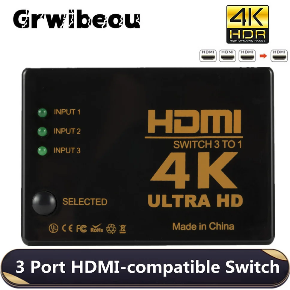 Grwibeou 3x1 4K przełącznik HDMI HD przełącznik wideo Adapter 3 wejście 1 Port wyjściowy rozdzielacz HDMI Hub dla Xbox PS4 DVD HDTV PC Laptop TV