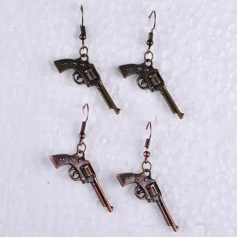 Vintage Antique Red Bronze Handgun Gun Pistol Earrings Metal Alloy Drop Dangle Revolver Earring Jewelry Men Fashion Jewellery