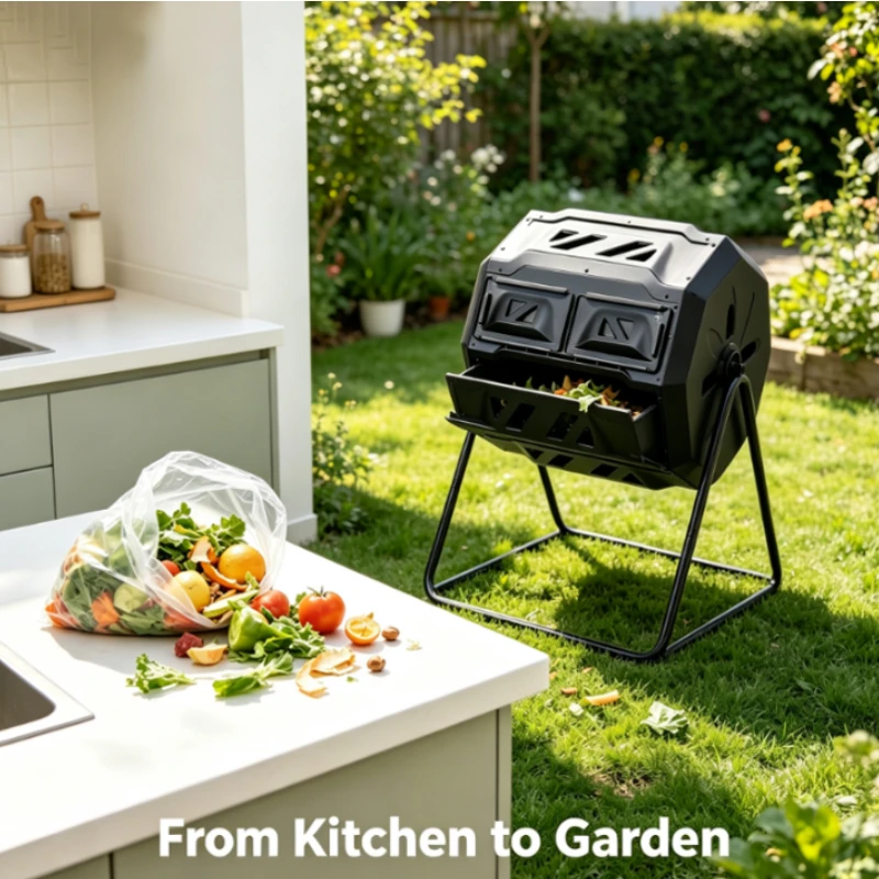 Black Dual Chamber Rotating Compost Bin for Garden Kitchen Waste Organic Fertilizer Garden leaf disposal tools