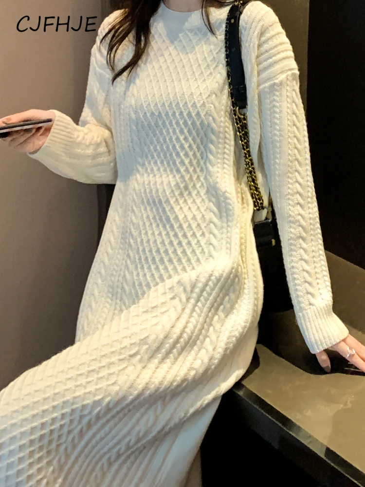 CJFHJE Warm Winter Sweater Dress Fall Loose Black Sweater Dress Woman Long Knitted Dresses Female Fashion Elegant Solid Clothes