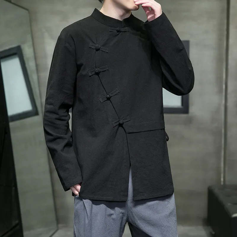 M-XXXXXL Men's Cotton Linen Long Sleeve Mandarin Collar Top with Frog Buttons Loose Fit Casual Wear Chinese Shirt Breathable