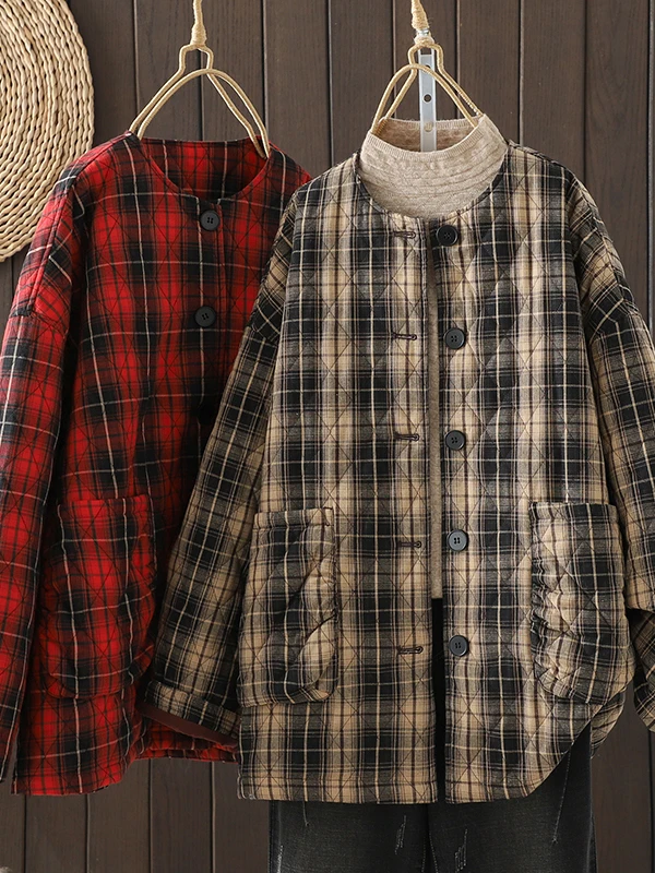 Jaket Wanita Katun Retro Artistik, Model Bulat, Hangat, Motif Kotak-kotak, Kancing Tunggal, Musim Dingin, Baru, untuk Kerja, Tebal...