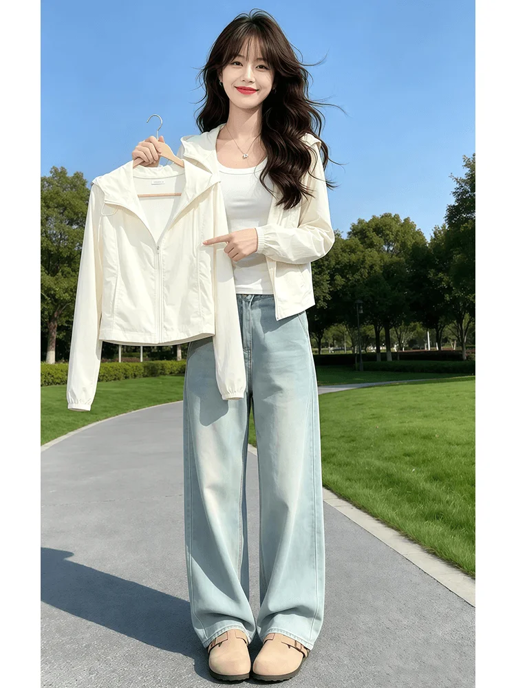 

White Hooded Zipper Ladies Summer New Outdoor Casual Sun Protection Clothes Drawstring Hat Sunshade Zipper Loose Fit Short Coat