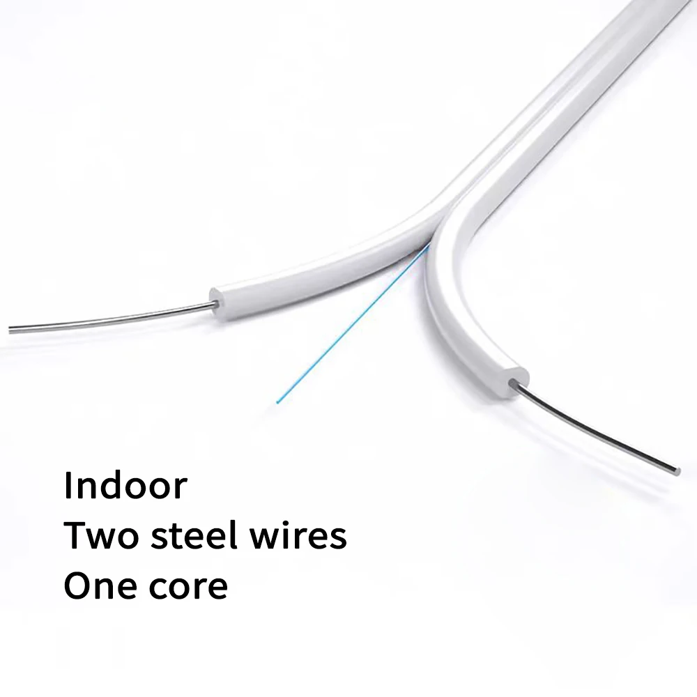 Indoor Singlemode 1 Simplex Fibra Drop 1 Core 1 rotolo cavo di derivazione ottico 1000M FTTH con fili di acciaio un nucleo due fili di acciaio