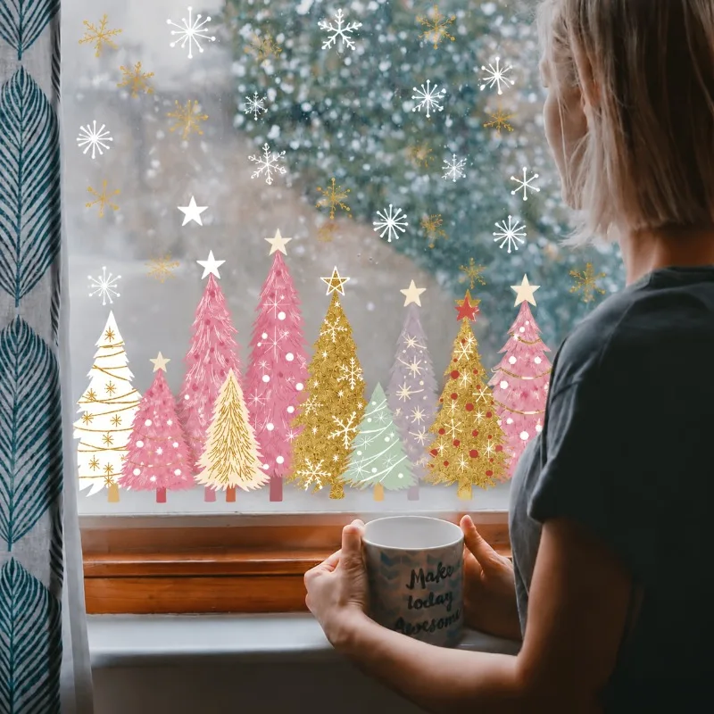 Christmas decoration three piece set window display stickers, static stickers, pine needles, Christmas trees, snowflakes, winter