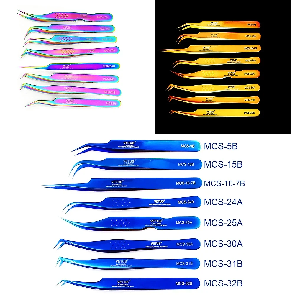 Vetus MCS시리즈 블루 골드 컬러풀 러시안 볼륨 블룸 속눈썹 익스텐션 트위저, 스테인리스 정밀 속눈썹 트위저 도구, 1 개