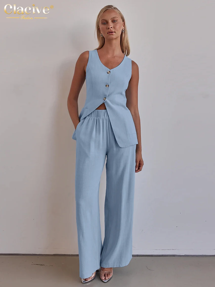 

Clacive Summer Loose Blue 2 Pieces Set Woman 2025 Fashion Sleeveless Tank Top With High Waist Wide Pants Set Female Streetwear