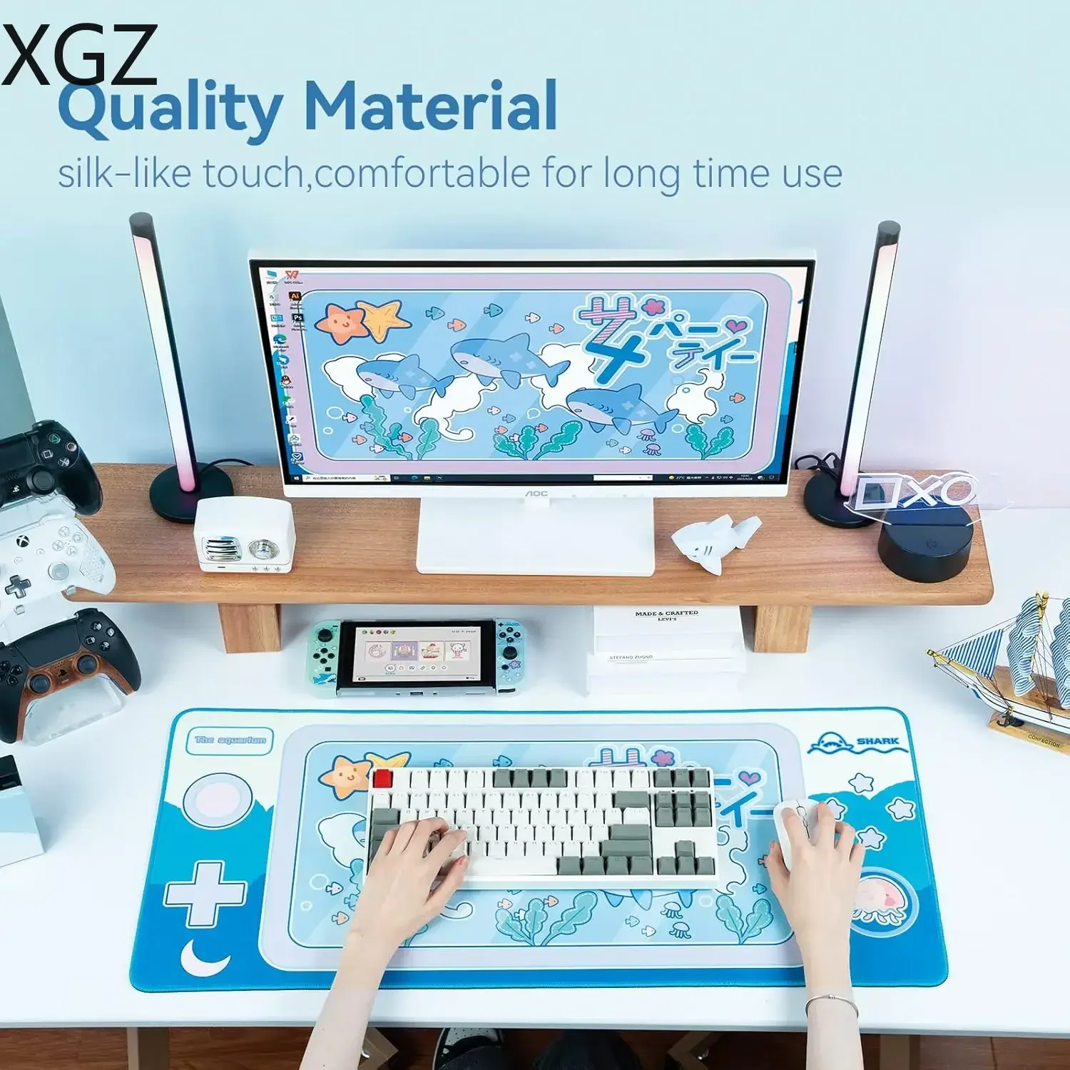 Kawaii GeekShare Cute Shark Party Mouse Pad Large Non-Slip Rubber 40x90 Desk Mat for Keyboard Gaming Office Work Accessories Rug