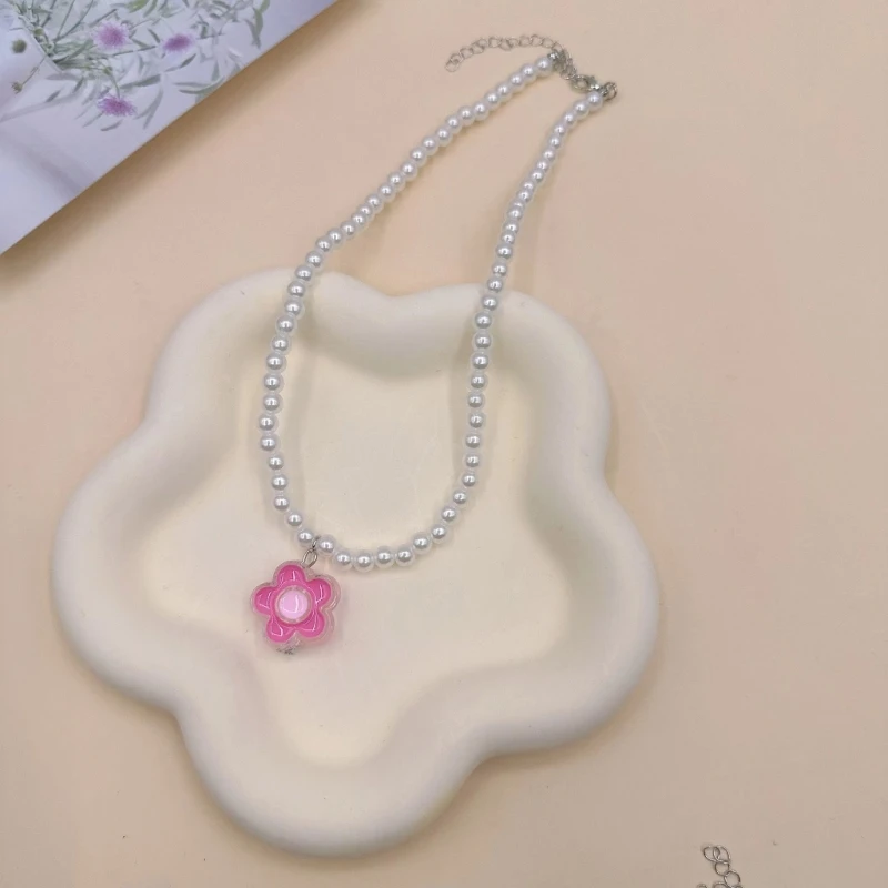 Colar com pingente flor com pérolas imitação doce coreana para mulheres meninas