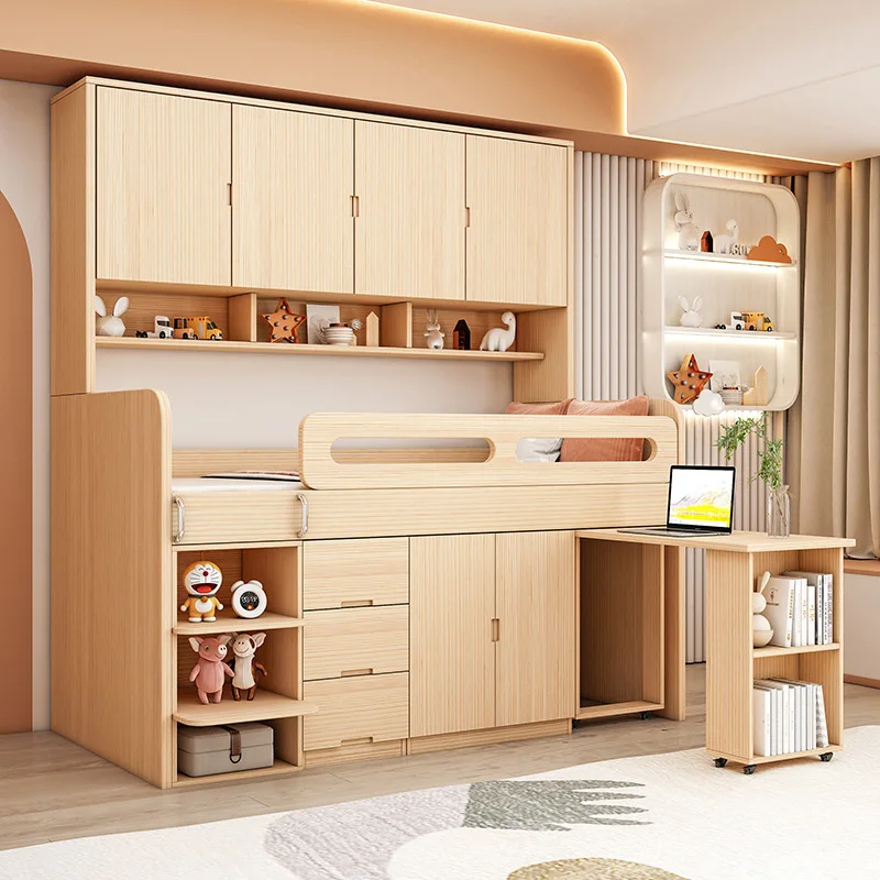 

All solid wood half-height bed simple small apartment boy girl children's bed multi-functional wardrobe combination