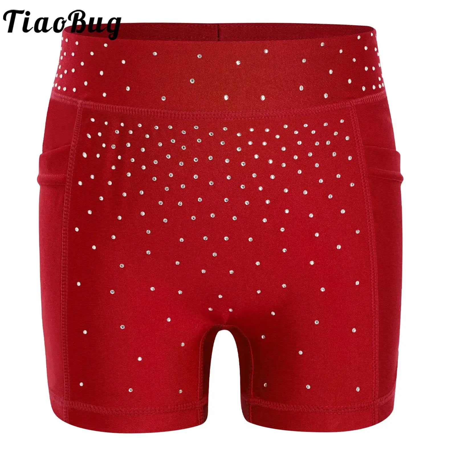 Kids Girls Ballet Dance Skating Gymnastics Shorts Elastic Waistband Shiny Rhinestone Athletic Yoga Workout Shorts with Pockets