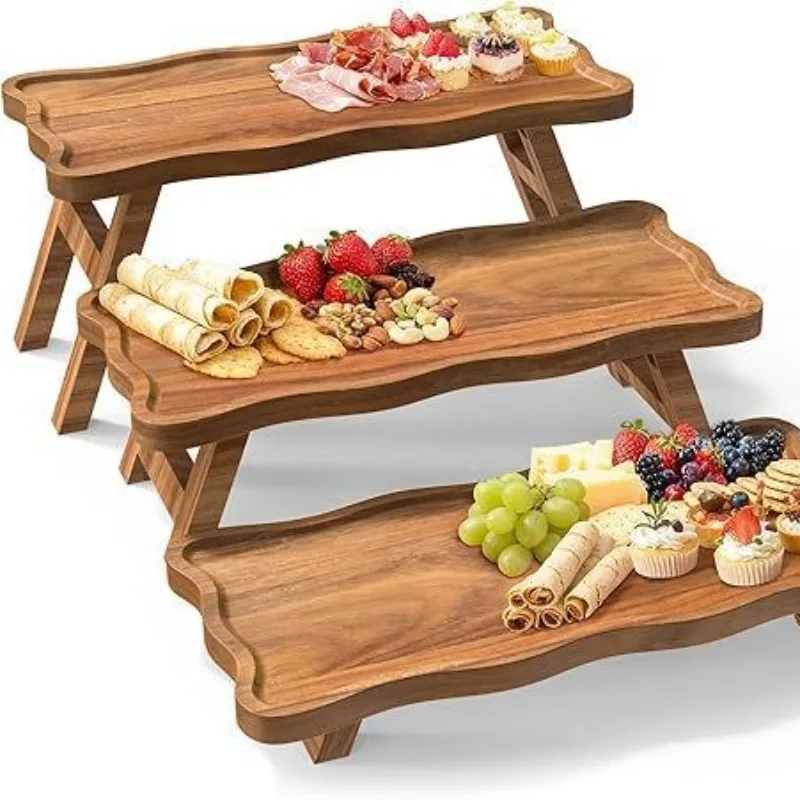 Wooden Cupcake Display Rack Potluck Fruit Snacks Layered Food Tray Foldable Dessert Display Rack Wood