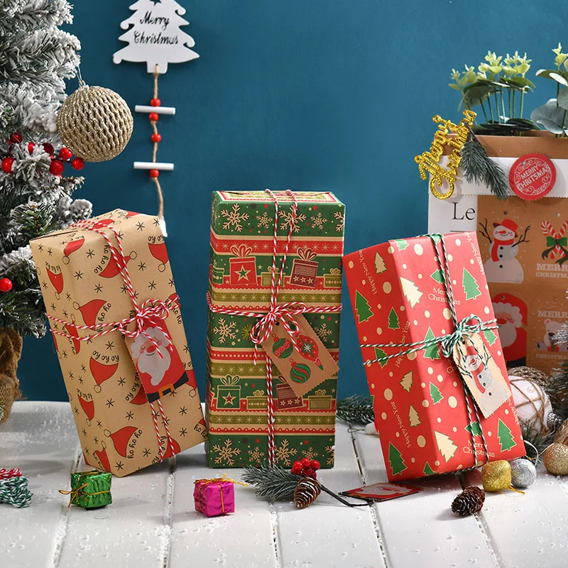 Christmas Snowman Bells Tree Patterned Kraft Gift Wrapping Paper Vintage Style