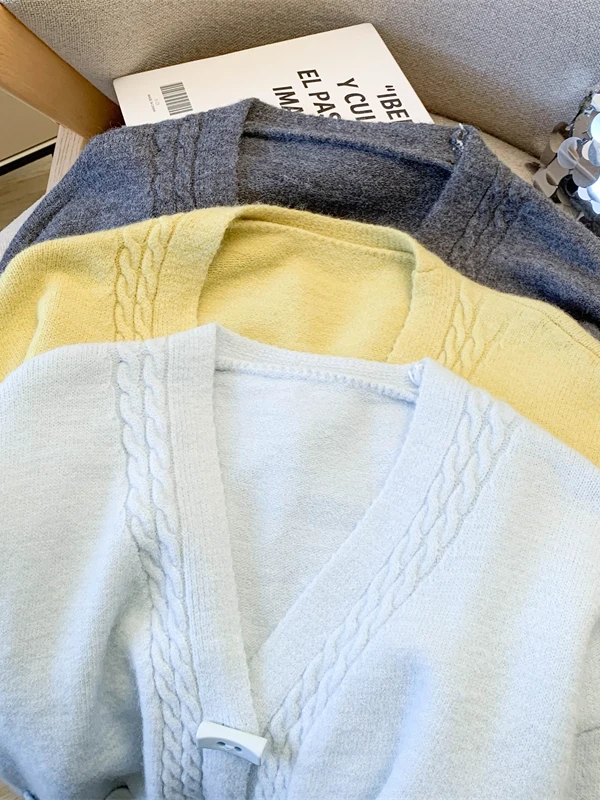 Senhoras tamanho grande camisola de malha inverno casual sle artístico preguiçoso sle botão até longo sve v ne cor malhas