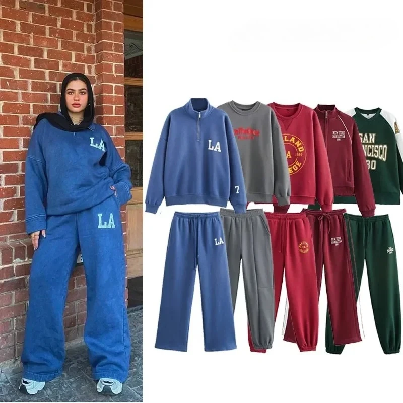 Women's Tracksuit Jersey Sets Sweats Set 2025 Winter Cotton Suits Wide Baggy Pants Sportswear 2 Piece Set Women Outfits