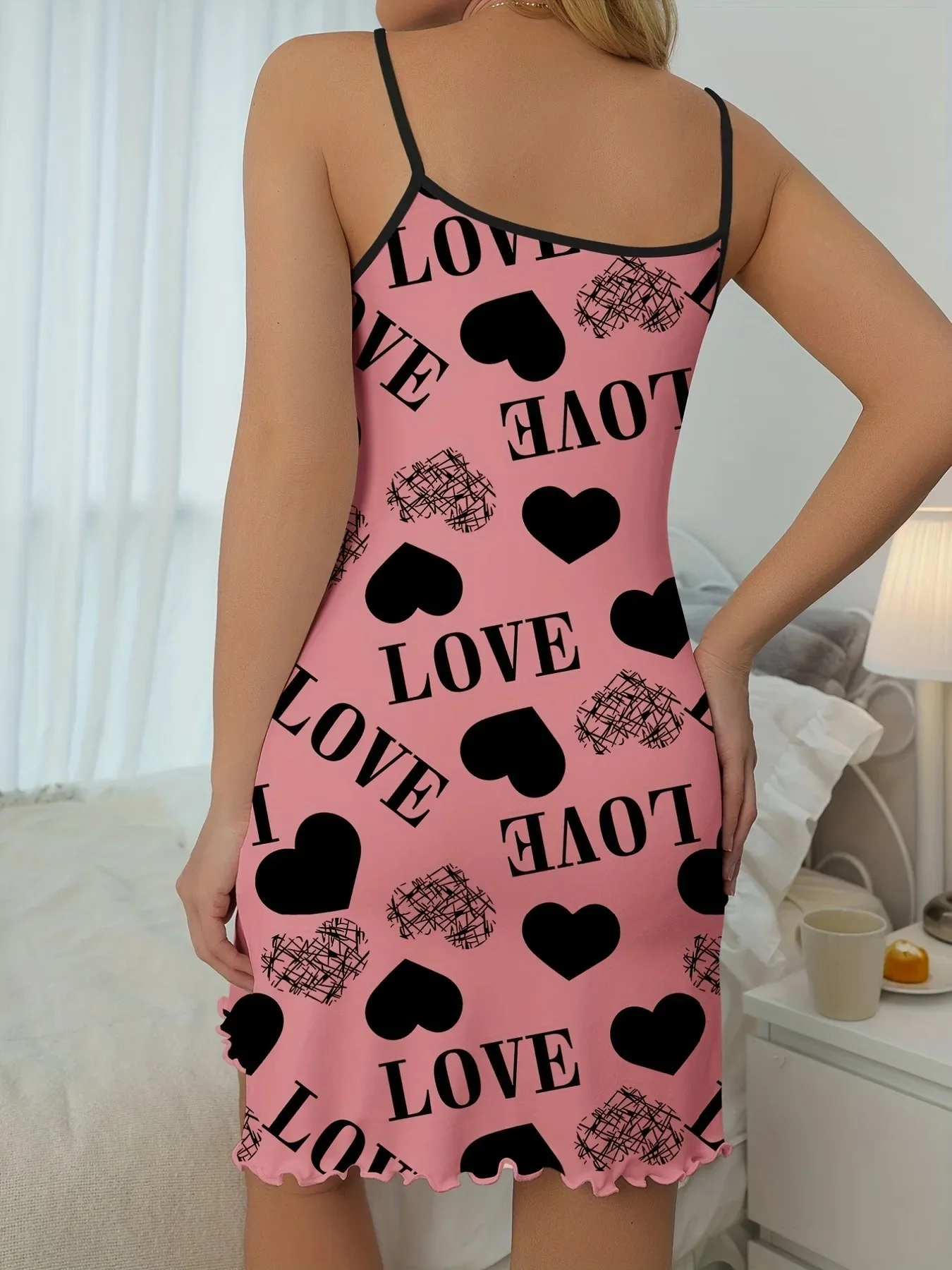 1 Piece Casual & Comfy Heart & Letter Print Nightdress, Lettuce Trim Sexy Slip Short Nightdress, Women\'s Sleepwear & Dresses