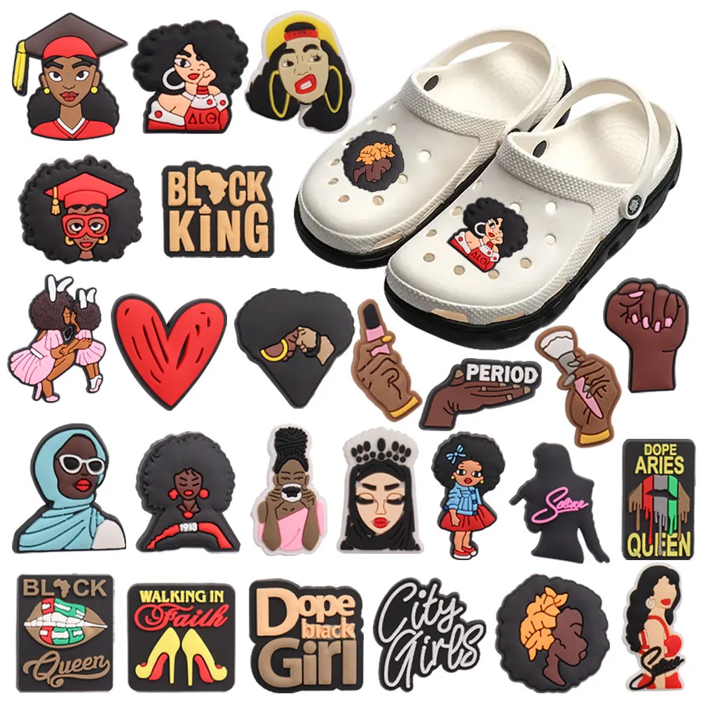 Mix 50pcs PVC Period Dope Aries Queen Black King Walking Faith City Girl Heart Woman Buckle Clog Shoe Charms Fit Wristbands