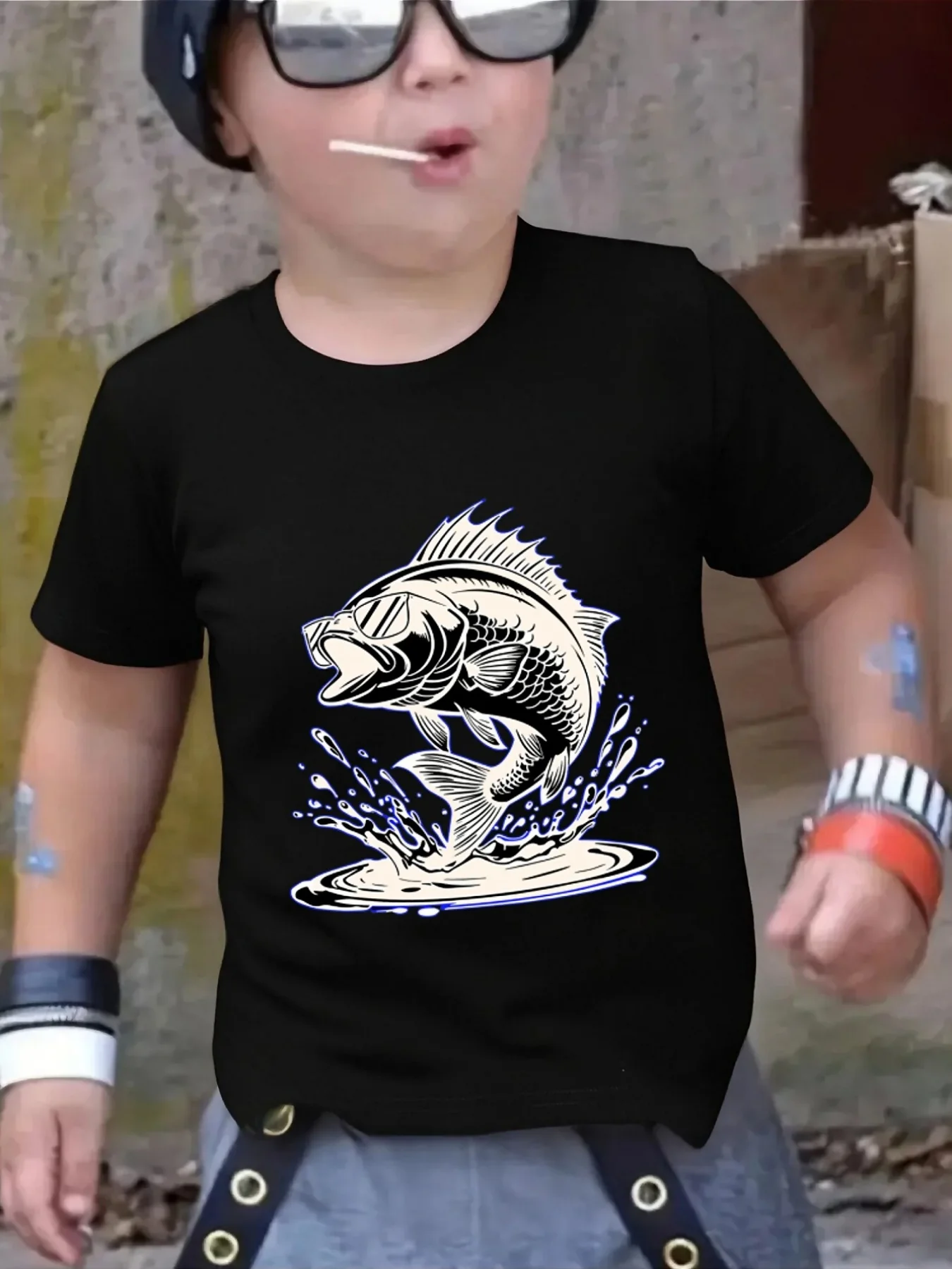 Cute Cool Bass Fish With Sunglasses Print Family Matching T Shirt Boys Girls Short Sleeve Parent Child Soft Cotton Casual Tops
