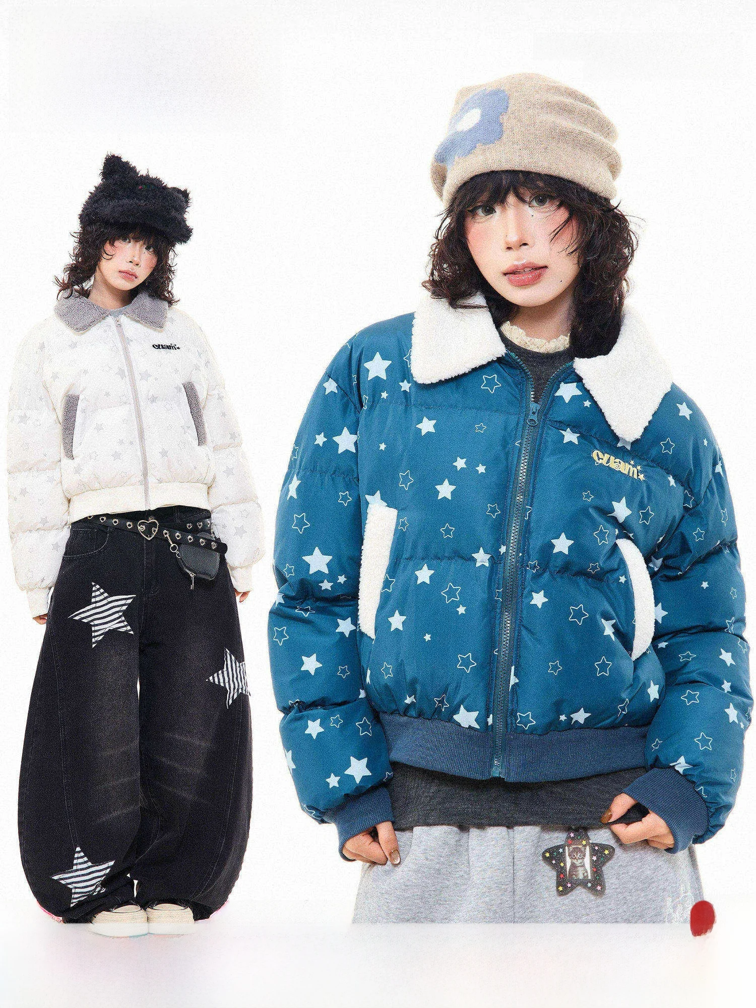 

MKGO American Retro Star Print Fur Collar Women's Winter Thiened Bread Coat Loose ort Cotton Jaet Outerwear