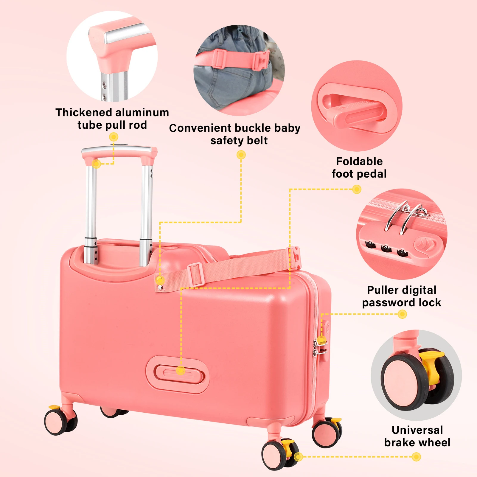 حقيبة سفر للأطفال مقاس 20 بوصة حقيبة سفر مع دواسة قدم وعجلات وعربة أطفال آمنة
