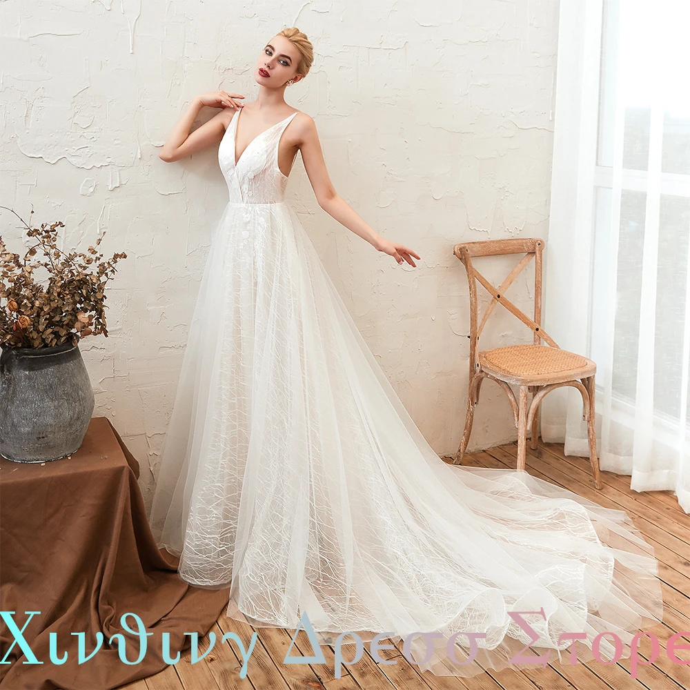 Abiti da sposa a trapezio lunghi fino al pavimento con scollo a V in organza senza maniche Abiti da sposa sexy e alla moda in pizzo Sweep Train Lace Up Back