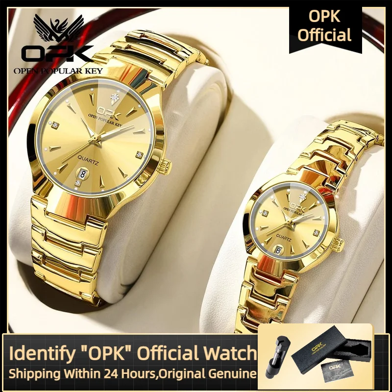 OPK Couple Quartz Watch Luxury All Gold Waterproof Fashion Tungsten Steel Band Elegant Dating Week Couple Watch for Men Women
