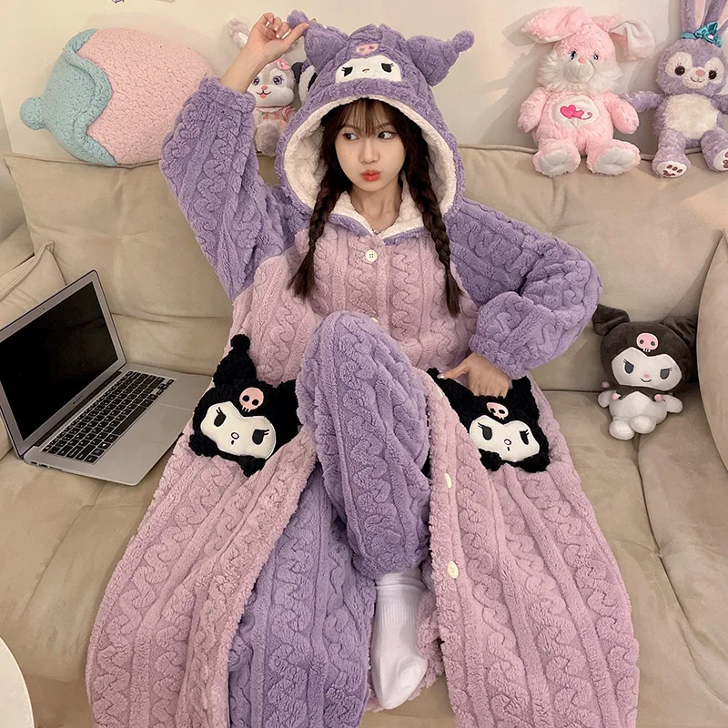Sanrios أنيمي الشتاء Homewear Kuromi المرأة ثوب النوم مجموعة سميكة المرجان المخملية طويلة الأكمام الدافئة مقنعين منامة Kawaii الكرتون #2