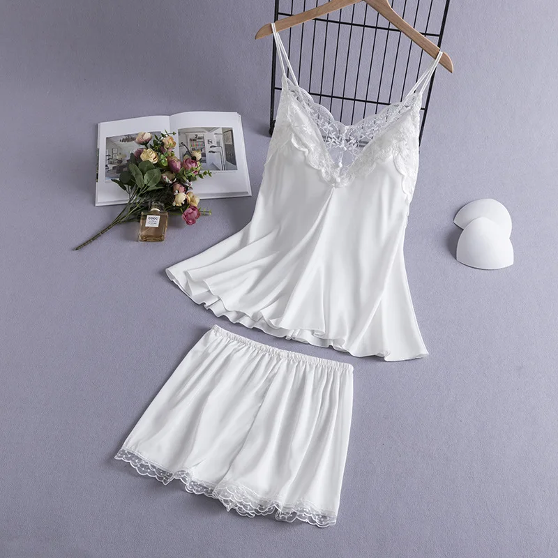 Women Suspender Pajamas Set New Summer Sleepwear Sexy Patchwork Lace Strap Top&Shorts Intimate Lingerie Thin Rayon Home Clothes