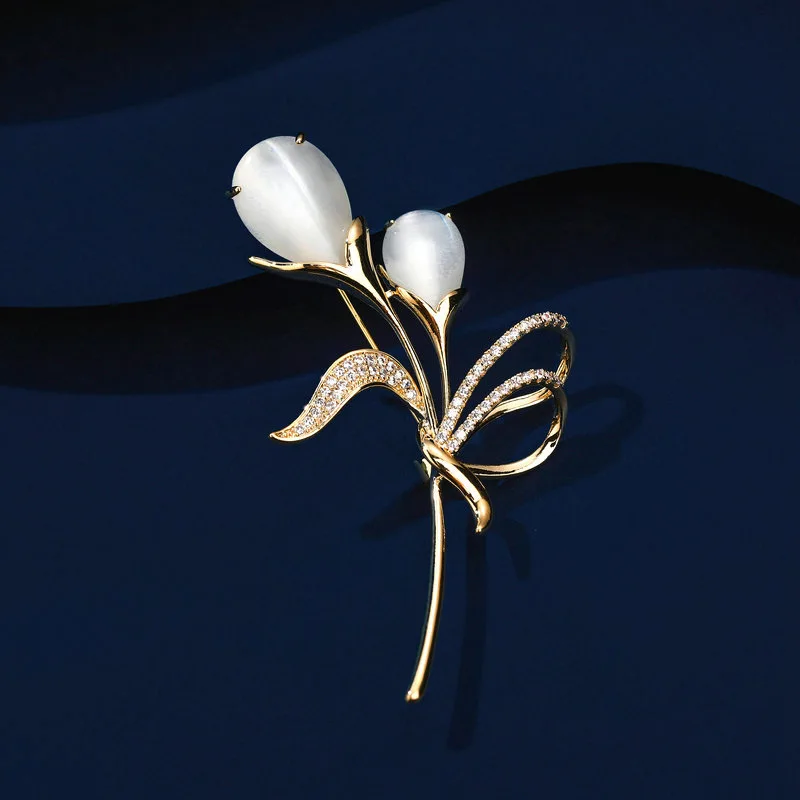 

Winter Sweater Coat Accessories Brooch Fixed Clothes Cardigan Pin Flower Cat's Eye Stone Tulip Brooch