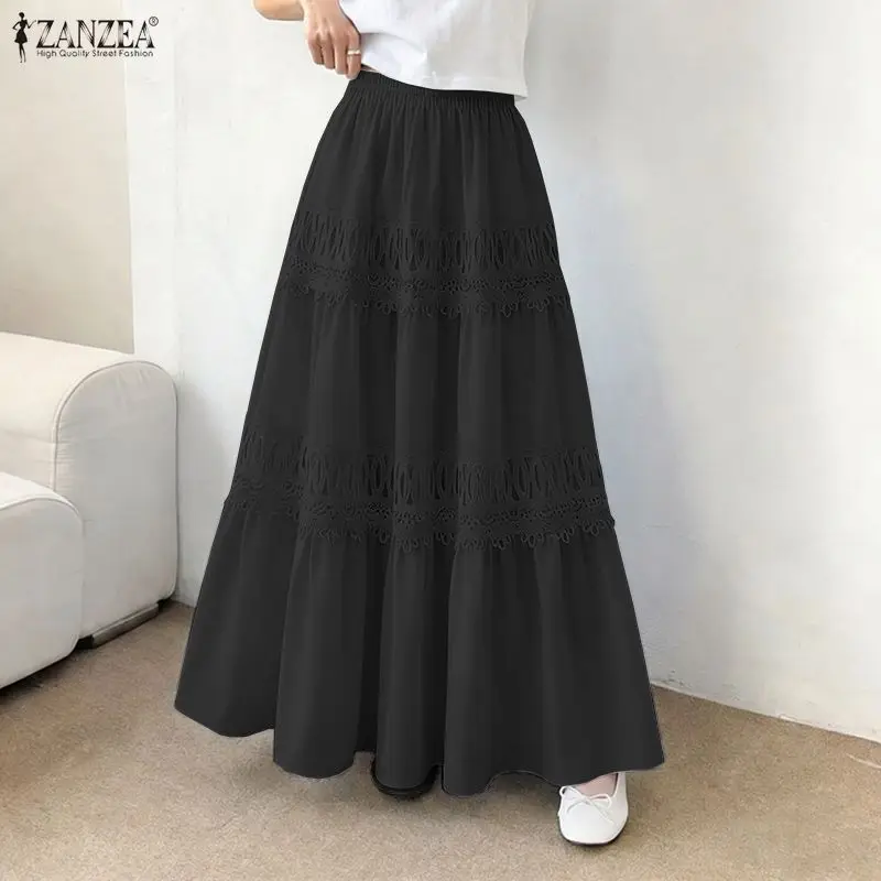 Stylish Women Maxi Long Skirts ZANZEA Summer Lace Patchwork Skirt Elastic Waist Sundress Casual A-line Holiday Faldas Saia Jupes