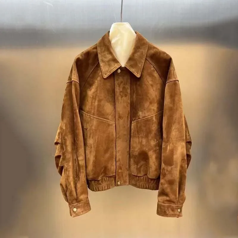 Jaqueta de couro de camurça de primavera feminina comprimento curto gola virada para baixo manga de ombro elegante novo casaco 2025