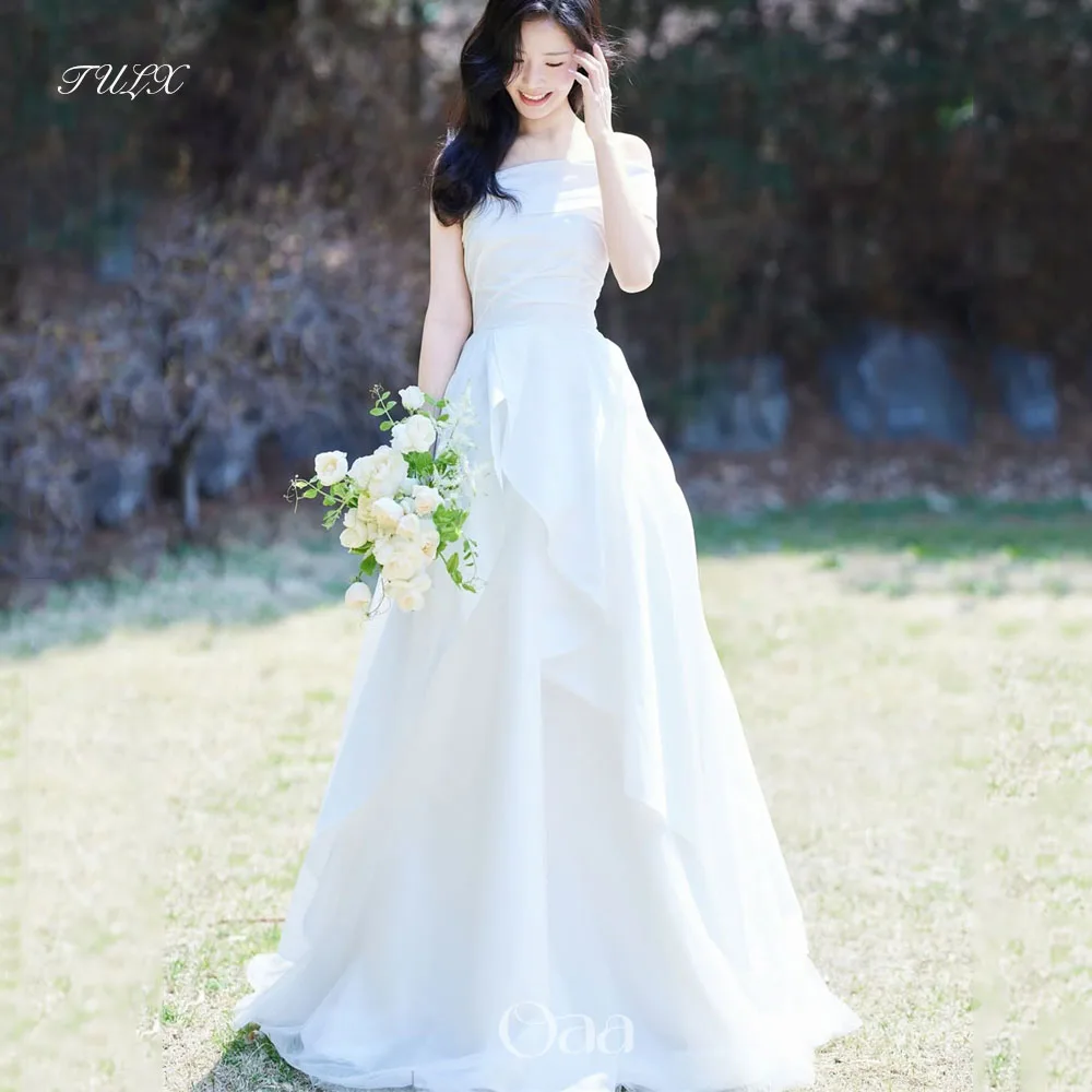 

TULX Elegant Ivory Taffeta Wedding Dress Korea Photo Shoot Strapless Pleat Bridal Gowns Long Tiered Corset Customized 웨딩드레스