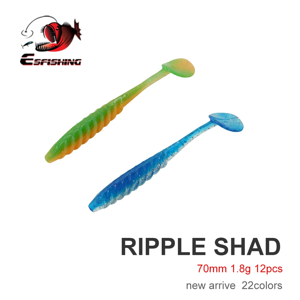 

ESFISHING New Soft Plastic Lure 2.8in 12pcs Ripple Shad Small T tail Shad Swimbait fishing Jigging Bait for Bass Perch Tackle