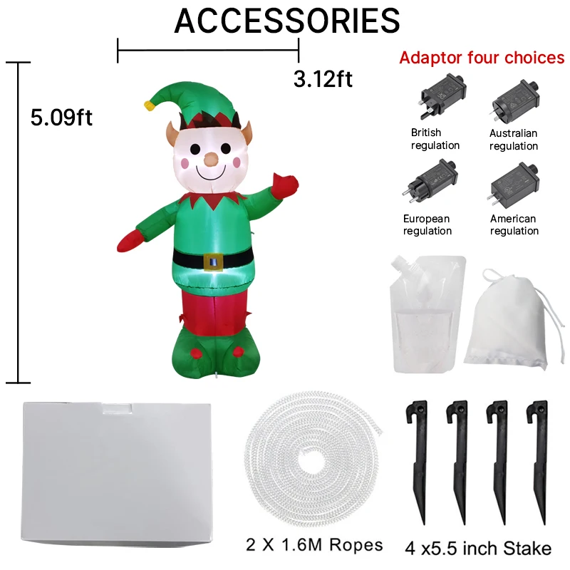 Decoración inflable de elfo de Navidad de 1,5 M/4,9 pies, luces LED, decoraciones para el hogar, juguetes, adornos navideños para patio, suministros de decoración navideña
