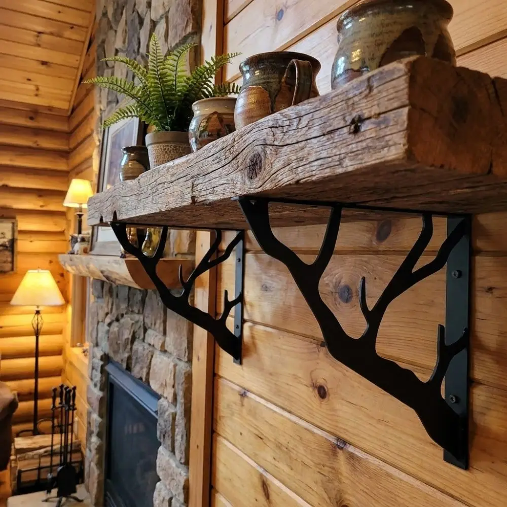 2Pcs Tree Shaped Metal Shelf Brackets Heavy-Duty Thickened L-Shaped Brackets Triangular Cast Iron Wall Mounted Brackets Bathroom