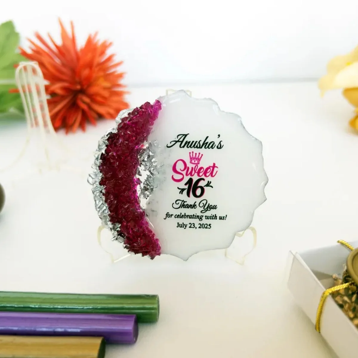Personalized Epoxy Resin Birthday Favor: Sweet 16, Quinceañera Keepsake, Return Gifts