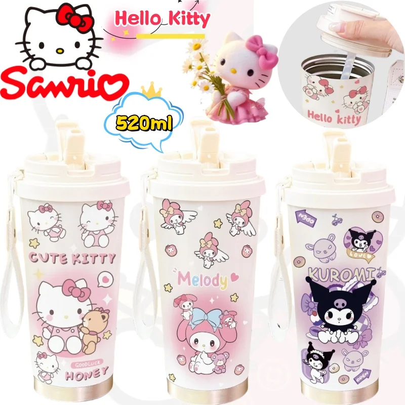 

New Sanrio My Melody Hello Kitty Kuromi insulated cup creative high-value DIY cartoon print large capacity portable coffee cup