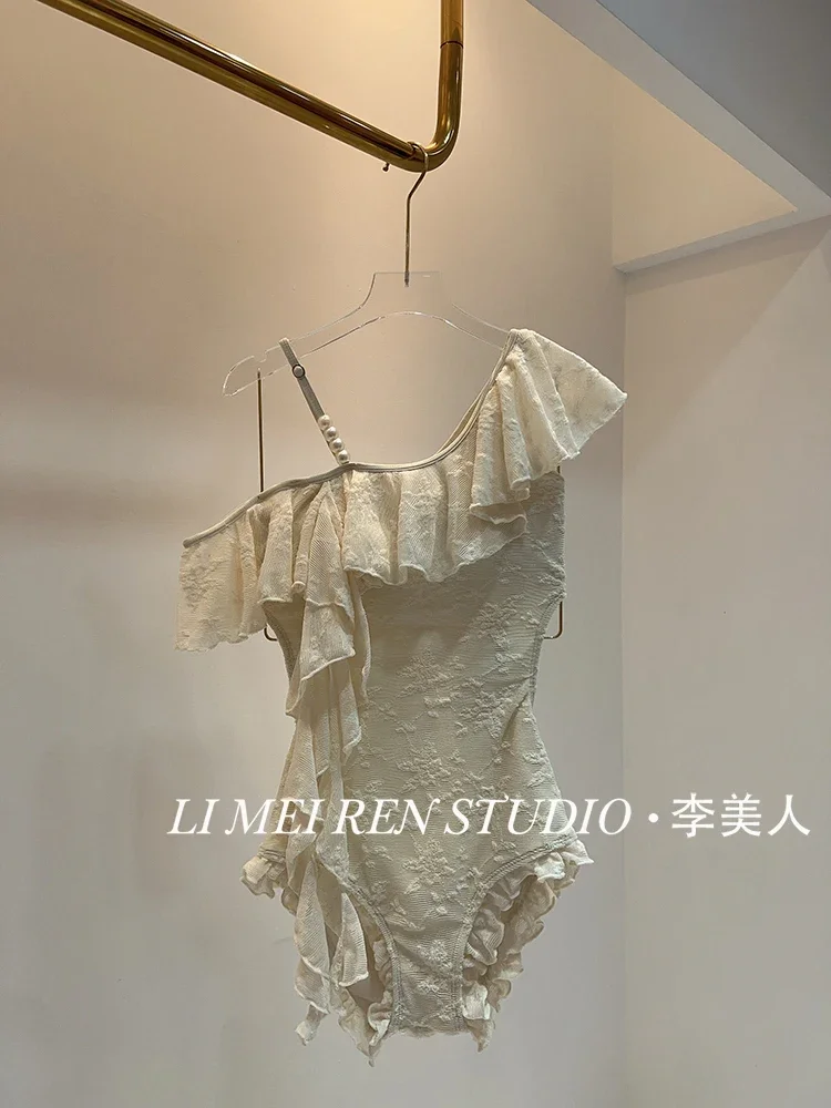 New Cute Slant Shoulder Lotus Leaf  Yellow Knitted Jacquard one-piece swimsuit