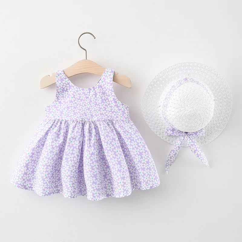 2Pcs Summer Dresses+Sunhat Newborn Clothing Set Baby Girls Beach Princess Dress Cute Bow Flowers Sleeveless Cotton Toddler